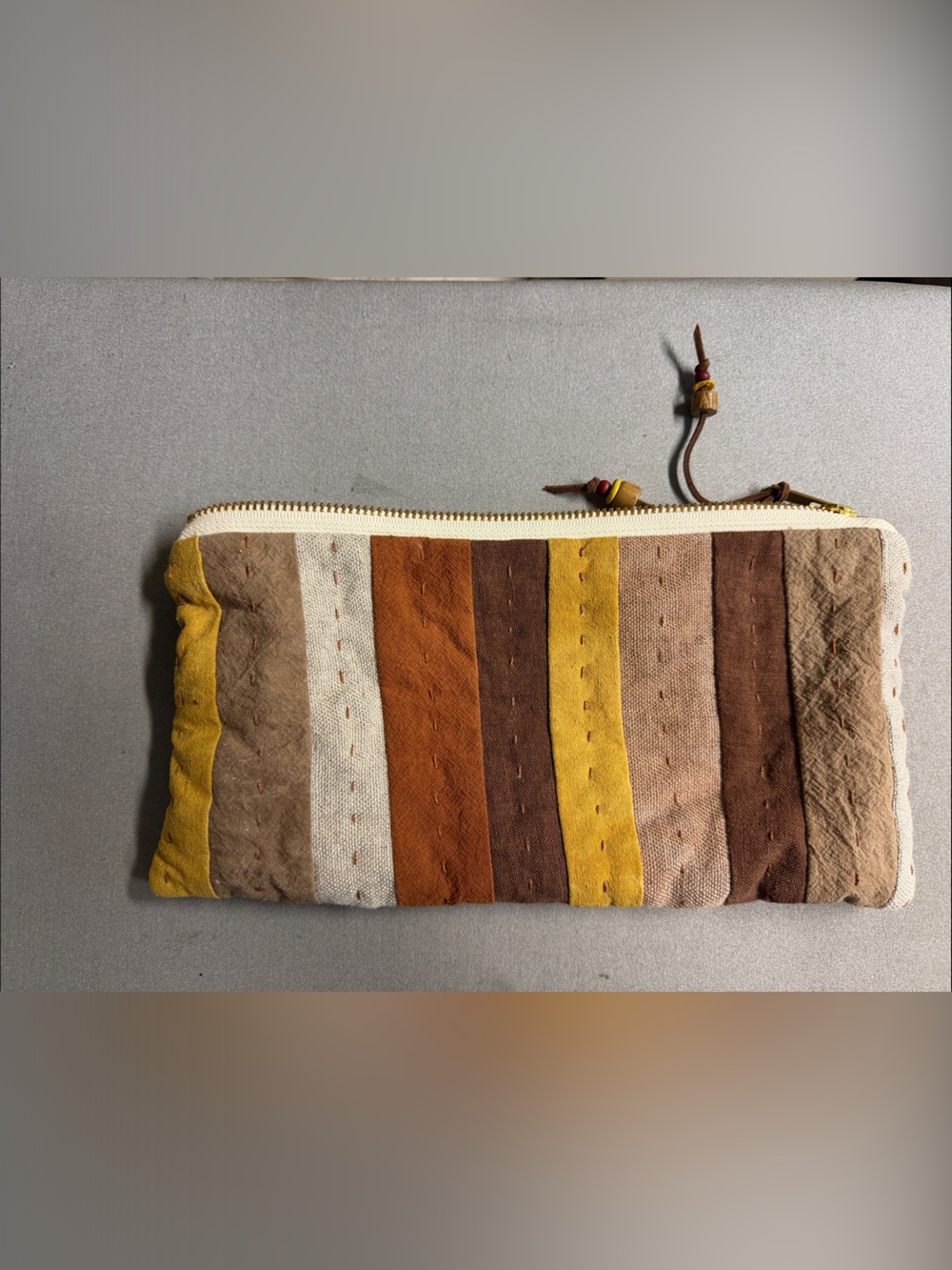 Hand dyed / quilted linen pouch with zipper/ zipper ties with beads